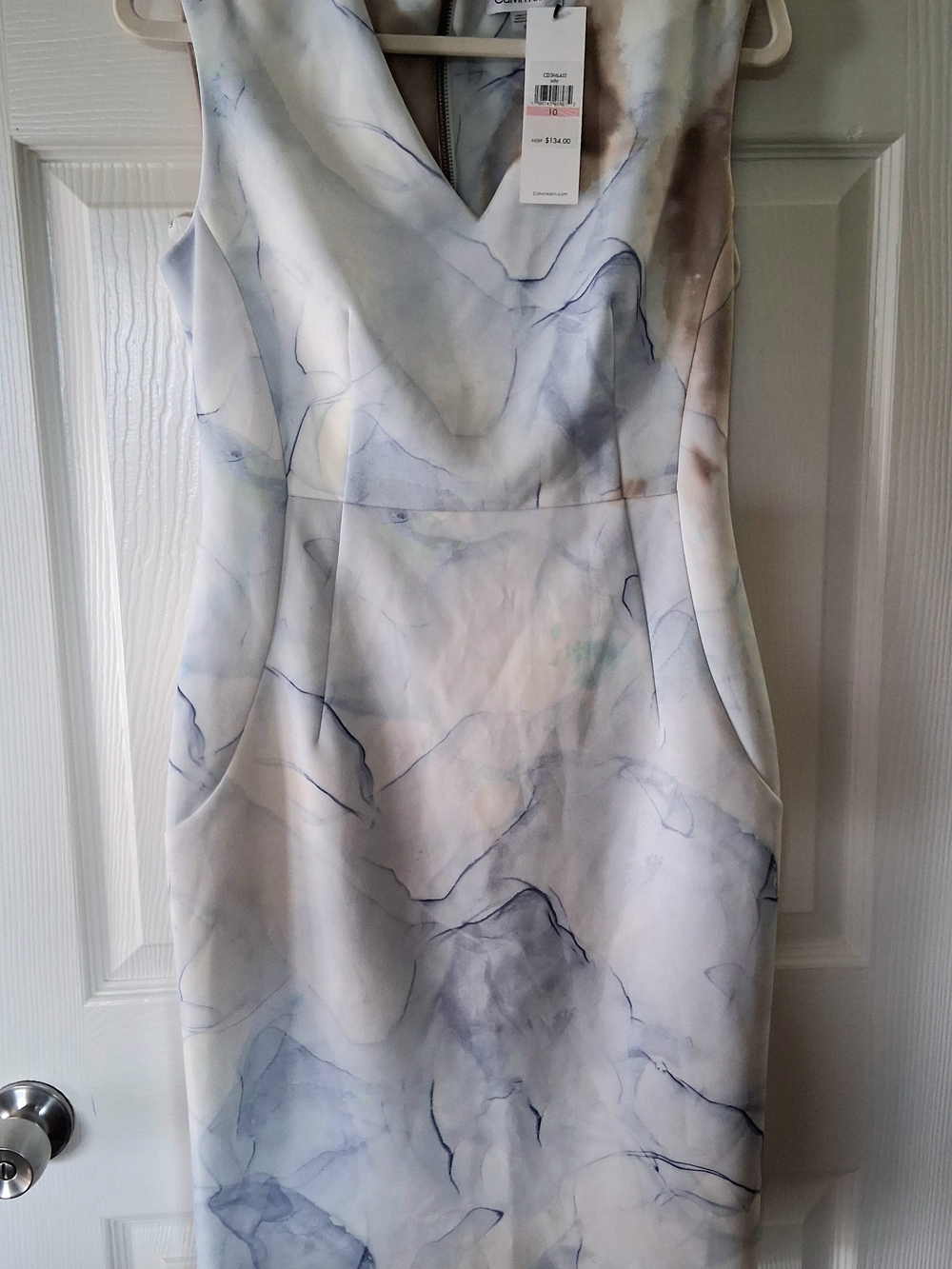 Calvin Klein Sleeveless Watercolor Midi Dress in Light Blue and Neutral Tones